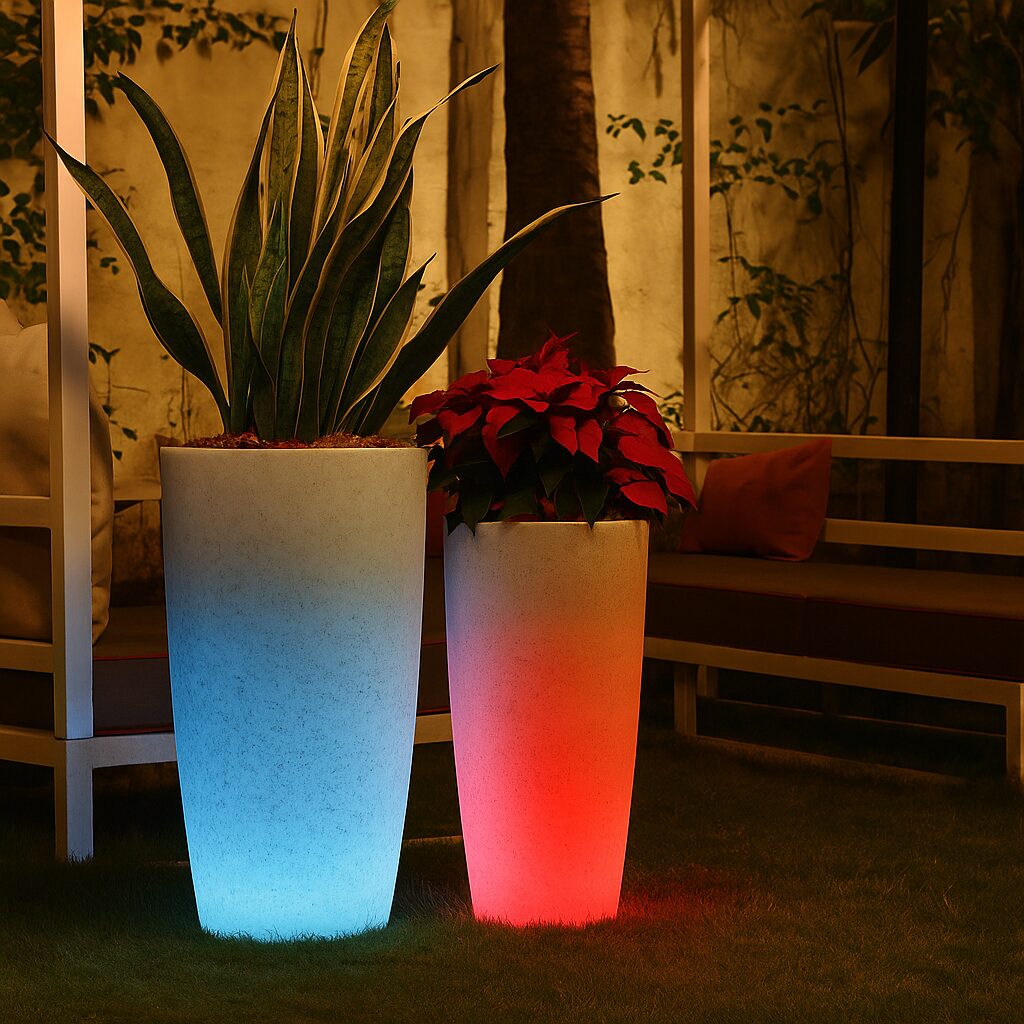 LED_duo_planters_evening_architectural_style