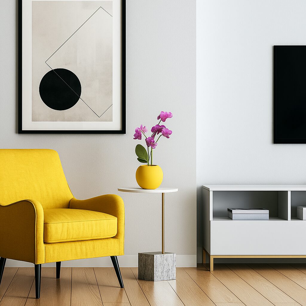 Modern_Living_Room_with_Yellow_Chair_and_Planter