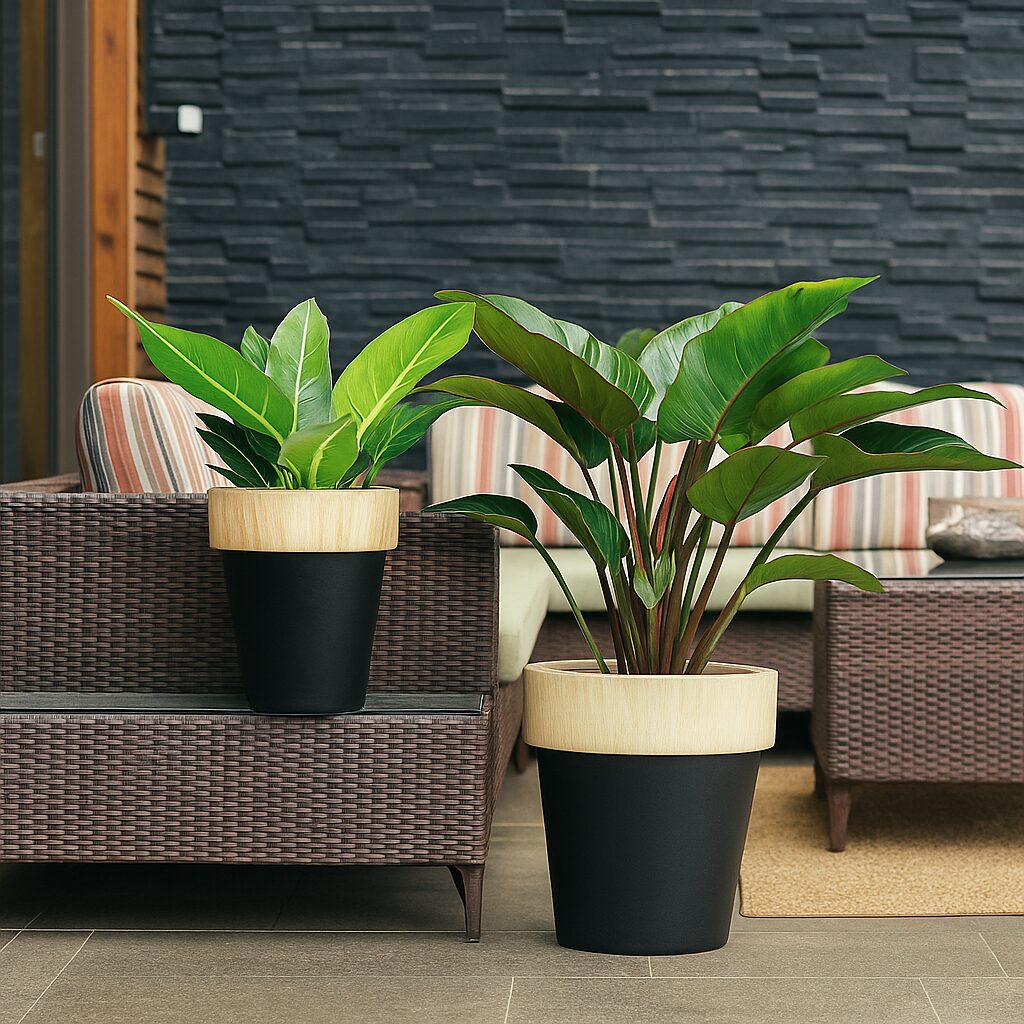 Two_Tone_Black_and_Wood_Planters_on_Rattan_Furniture